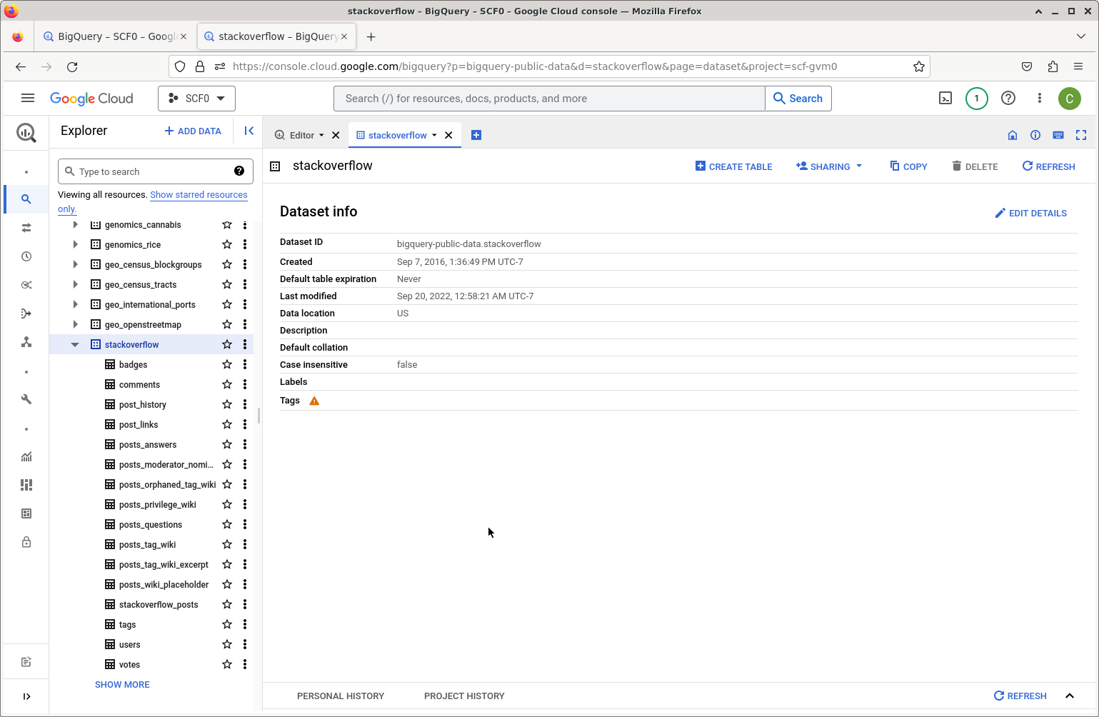 BigQuery interface, showing the SQL Explorer pane highlight the public stackoverflow dataset.