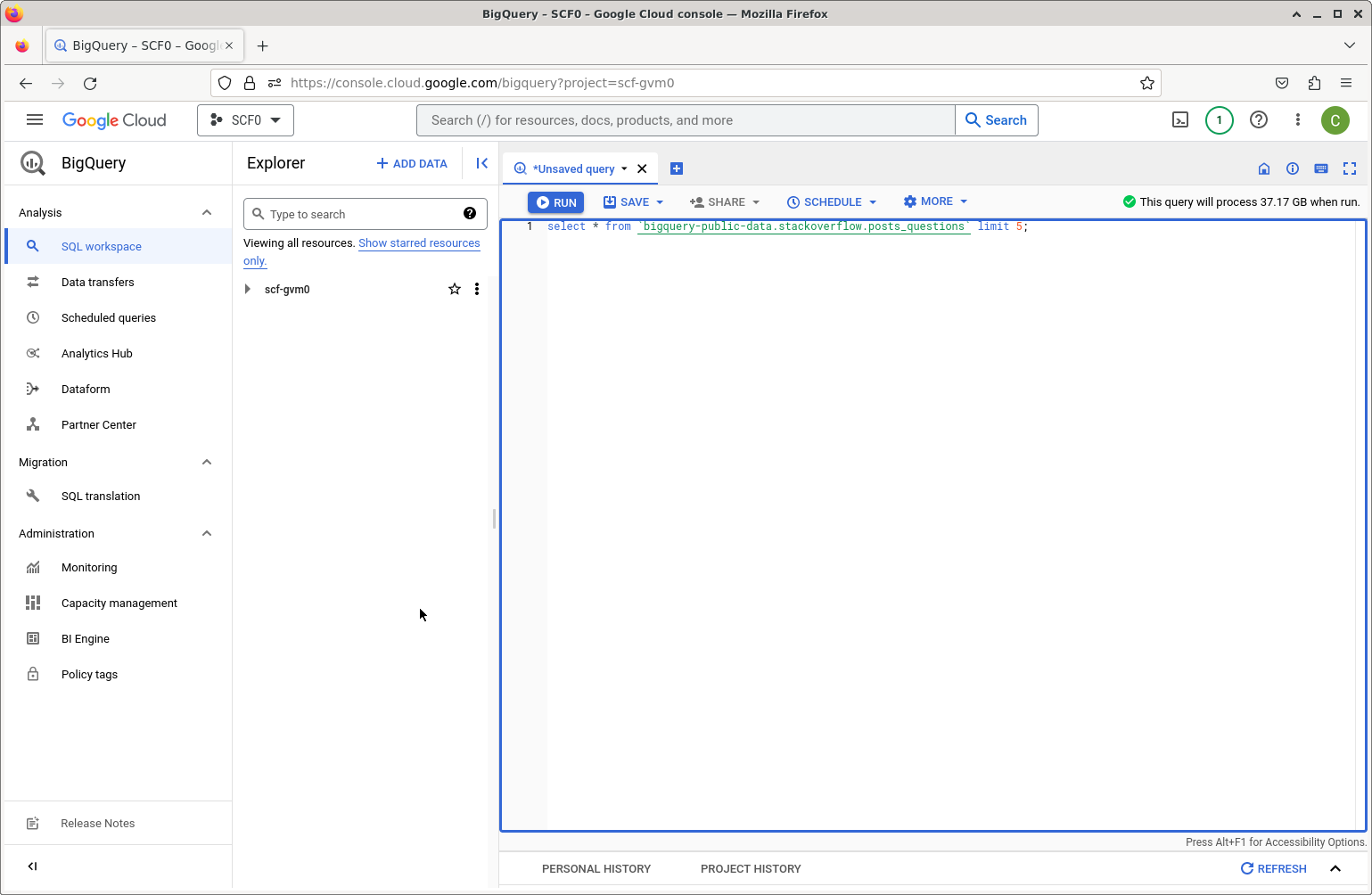 BigQuery interface, showing the SQL Editor pane.